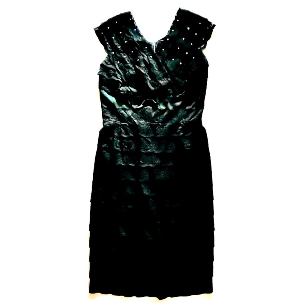 1960s Vintage Black Lace Tiered Sleeveless Rhinestone Satin-Bow Pencil Dress